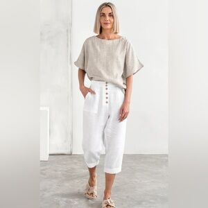 Magic Linen Natural Midway Loose Fit Scoop neck Linen Top Size Small